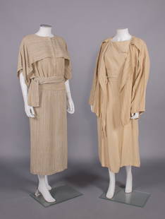 TWO ISSEY MIYAKE COTTON ENSEMBLES, JAPAN, SPRING 1983: All w/ label “Issey Miyake”: 2-pc ensemble of tan cotton w/ woven grey stripe c/o button down top & wrap skirt, B 52”, L 26”, pant W 28”, L 33”, (few pulls, light wear)