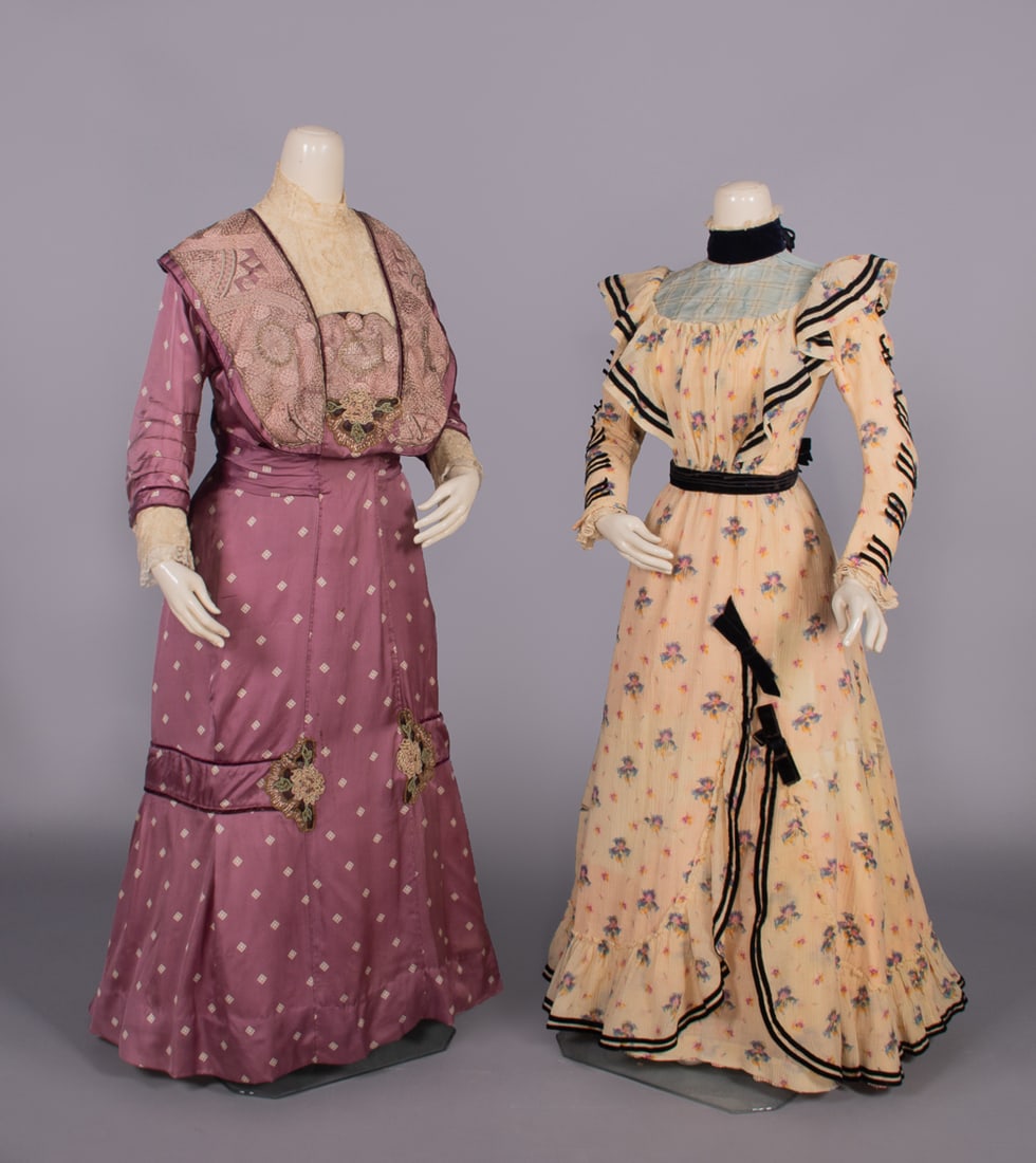 TWO PRINTED DAY DRESSES, NEW YORK, 1890-1905: 1 plum silk w/ resist printed log cabin diamond motif, embroidered tulle collar & neck, heavily embroidered tulle bands & appliques in silk & metallic thread to SHs, CH, CF & CB W & skirt, wine colore