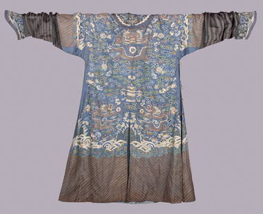 KESI WOVEN DRAGON ROBE, CHINA, c. 1875: Kesi woven silk & lame’ five claw summer weight dragon robe w/ horseshoe cuff & lame tie & ball button closures, CH 56&rdquo;, L 56&rdquo;, (residual storage odor, shattering across SHs/sleeves, few