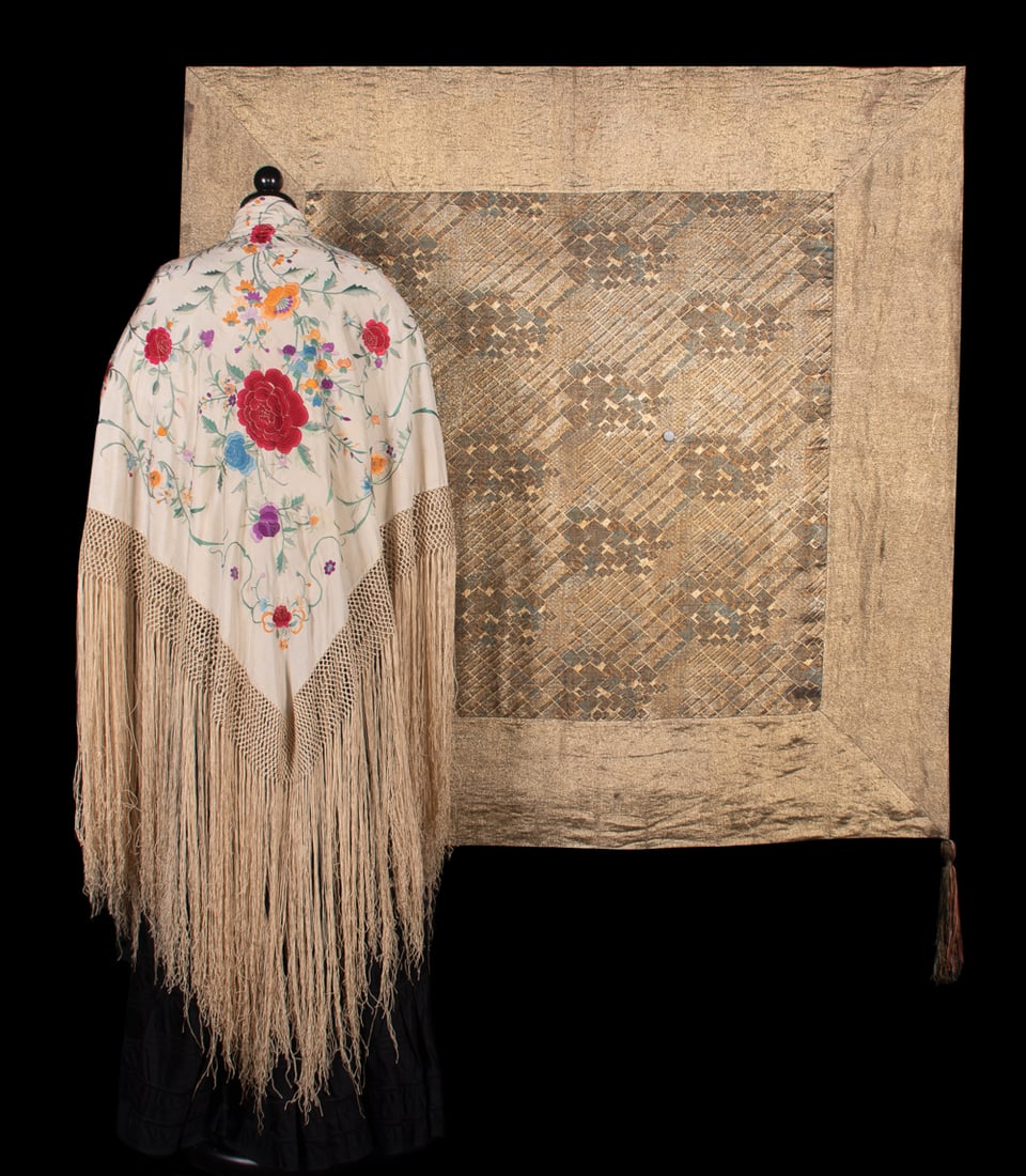 ONE REVERSIBLE HAND EMBROIDERED & ONE LAME' SHAWL, 1920s: 1 reversible cream silk hand embroidered w/ multicolored floral motifs, 48” x 52” w/ 22” fringe, (light discoloration, few pink stains up to 1”, many pulls, fringe messy, few t