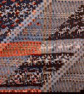 TWO IKAT TEXTILES, SUMBA, LATE 19TH-EARLY 20TH C: 1 blue & orange striped Sumba textile, 73” x 36”, (many holes up to 1.5”, broad discoloration, wear to edges w/ few tears up to 1.25”); 1 Sumba textile, 100” x 53”,
