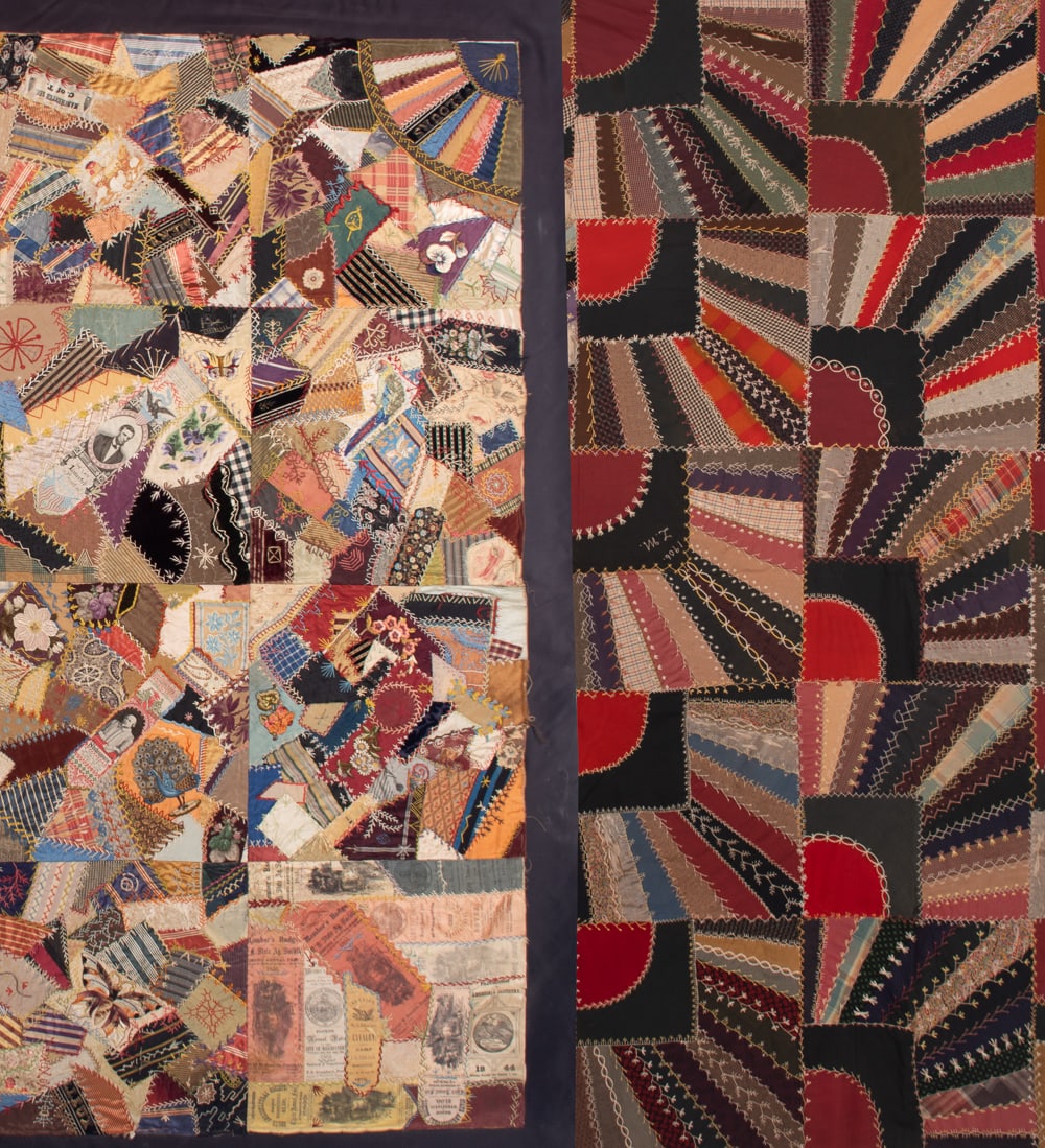 TWO CRAZY QUILT TOPPERS, LATE 19TH-EARLY 20TH C (1 of 10)