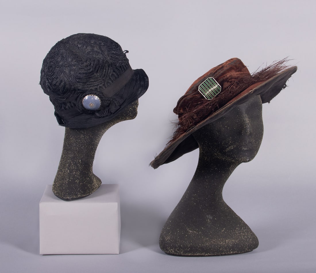 CLOCHE & HAT WITH WIENER WERKSTATTE ENAMEL BUTTONS, c. 1912 & 1925 (1 of 9)