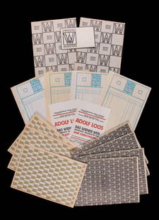 COLLECTION OF WIENER WERKSTATTE EPHEMERA, VIENNA, EARLY 20TH C: Collection of order Wiener Werkstatte forms, packaging paper, envelopes & concert flyers for Adolf Loos, order forms 8” x 11.5”, packaging paper 8.25” x 11.5”, Adolf Loos flier