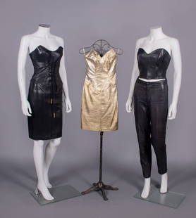 MICHAEL HOBAN LEATHER MINIDRESSES, BUSTIER & PANTS, USA, 1980s-1990s: All w/ label “Michael Hoban North Beach”: 1 black leather strapless minidress w/ faux corset bodice & CB closure, B 30”, W 24”, L 33” excellent; 1 gold strapless minidress