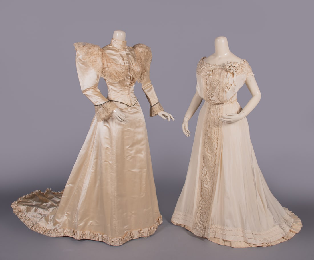 TWO SILK & BOBBIN LACE EVENING GOWNS, LATE 1890s-early 1900s (1 of 12)