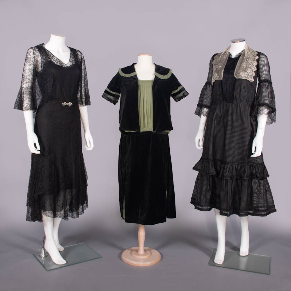 THREE BLACK SILK OR VELVET DAY & EVENING DRESSES, 1920-1930s (1 of 10)