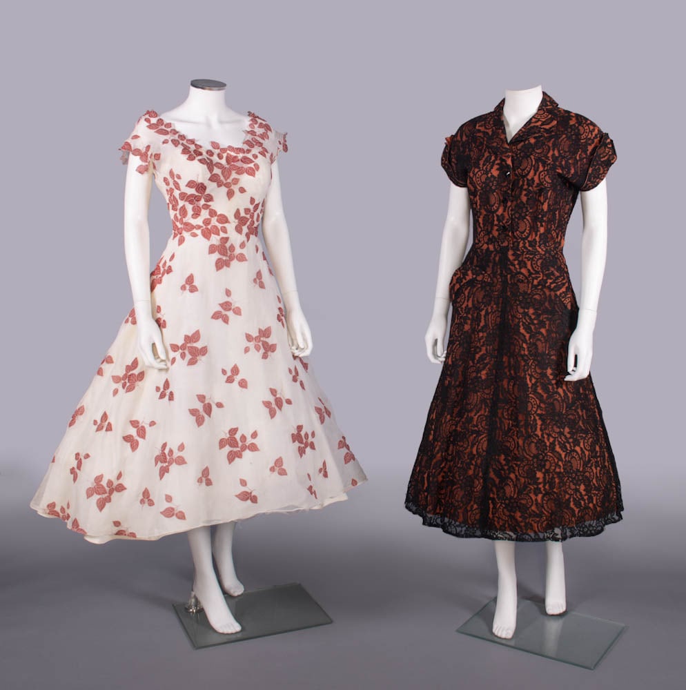 RESORT & DAY DRESSES, HONOLULU & BEVERLY HILLS, 1950s: 1 white pina fiber party dress w/ appliqued & pierced autumn leaves, scoop neckline into V back, fitted W into flared skirt, dated 1954 on label, “Pauline Lake”, “Royal Hawaiian Hotel, Honol