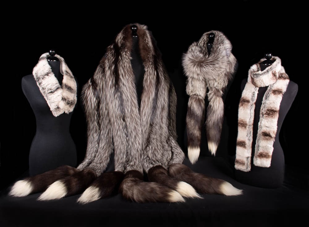 FOX OR CHINCHILLA STOLES & SCARVES, USA & FRANCE, 1960s-1980s: 1 fox fur stole lined w/ silk satin, label “Miss O, Oscar de la Renta”, 14” x 108” w/ tails, (some very minor wear to underside); 1 silver chinchilla scarf, label “Trébor Origin