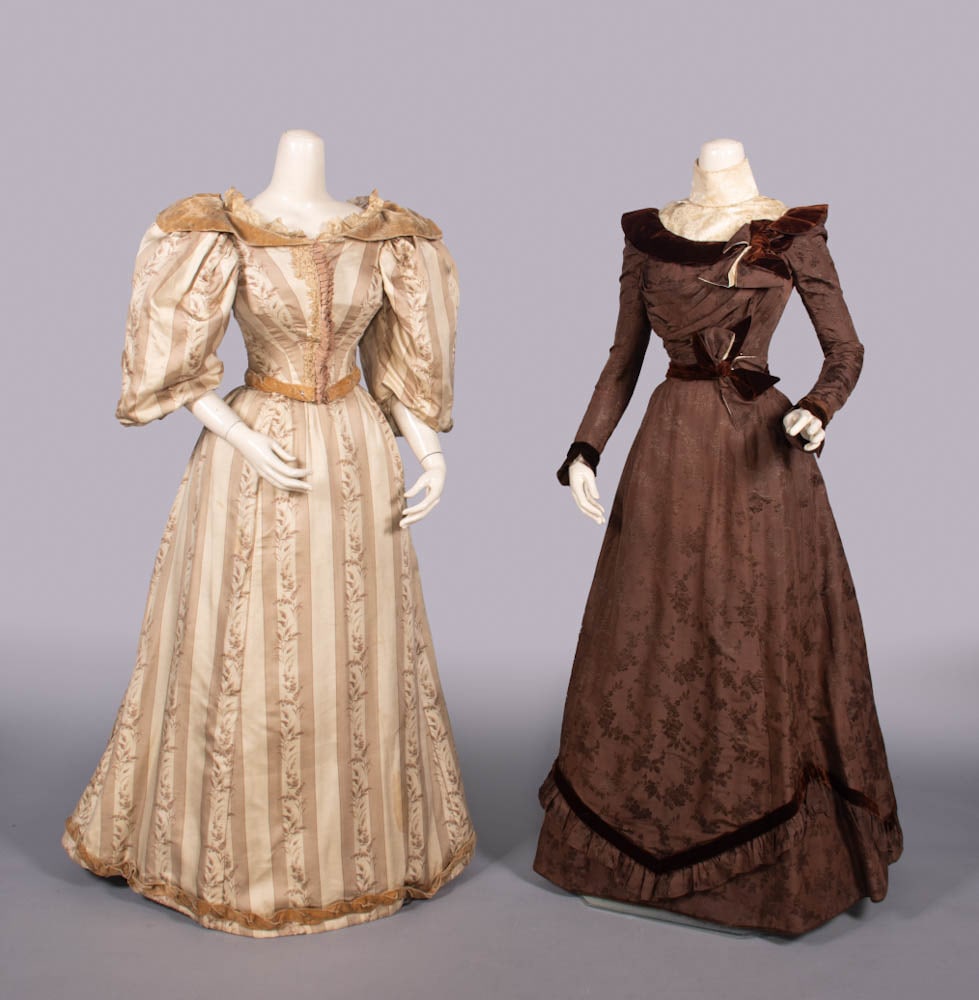TWO PATTERNED SILK & VELVET EVENING OR DAY DRESSES, MID-LATE 1890s: 2-pc brown & cream striped ribbed silk evening dress w/ vining wildflower sprig motif & fawn silk velvet SH lapel, braided waistband & cuff, mid 1890s, B 34”, L 15”, skirt W 23”, L 4