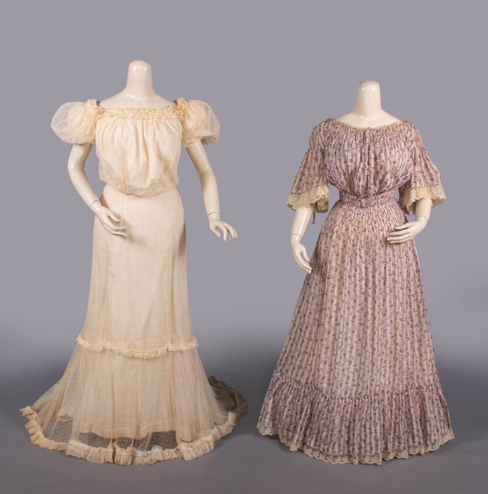 TWO LINGERIE OR AFTERNOON GOWNS, 1902-1905: 3-pc cream dotted net lingerie gown w/ self-ruffles to round neckline, short puff sleeves & on trained skirt, original china silk underskirt, c. 1902, B 34”, L 15”, overskirt W 24”, 