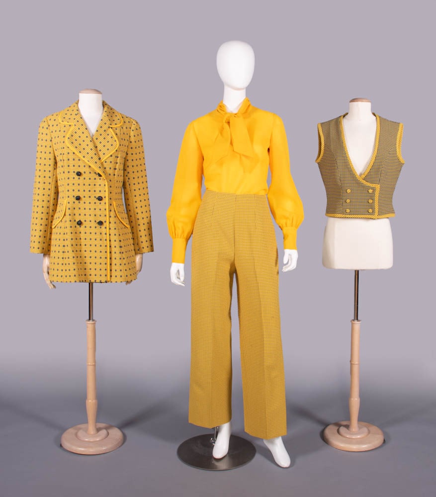 FOUR PIECE LILLI ANN ENSEMBLE, SAN FRANCISCO, 1970s: 4-pc yellow & grey check ensemble c/o double breasted blazer w/ lobed collar, CF opening & faux pocket tabs w/ navy composition buttons, contrasting yellow insertion, double breasted vest & trousers i