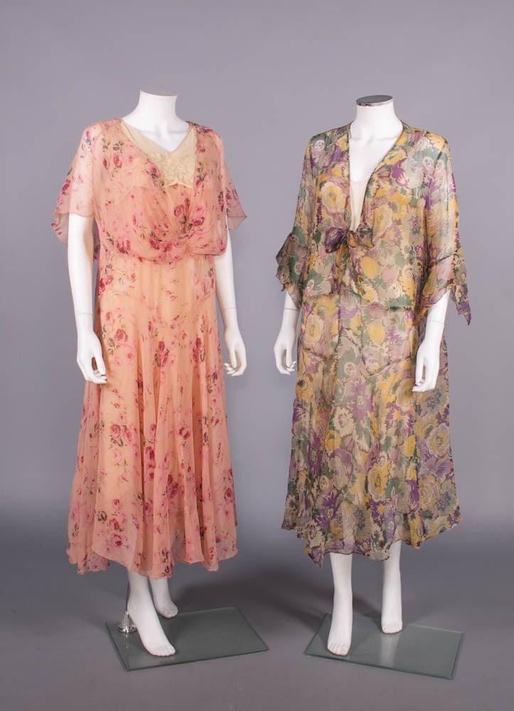 TWO PRINTED SILK CREPE CHIFFON PARTY DRESSES, 1920-1930 (1 of 11)