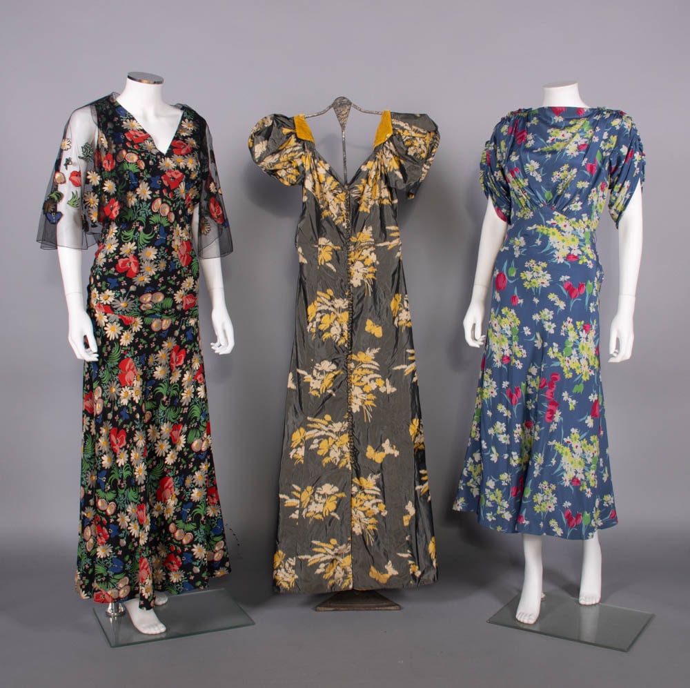 TWO FLORAL PRINTED SILK PARTY DRESSES, USA, c. 1935 (1 of 10)