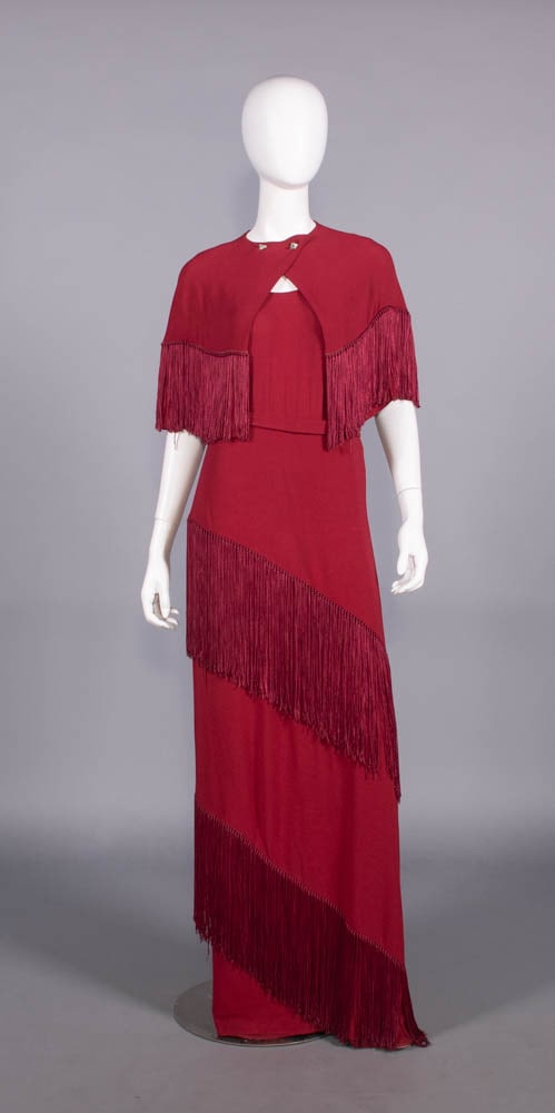 FRINGED CRIMSON CREPE EVENING GOWN & CAPELET, USA, c. 1930 (1 of 10)