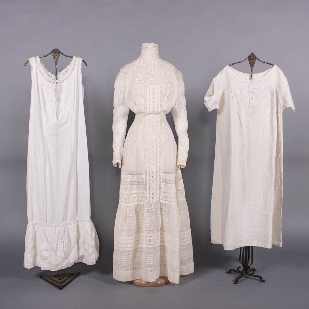 TWO HAND EMBROIDERED NIGHTDRESSES & ONE LAWN LINGERIE DRESS, 1860-1910 (1 of 8)