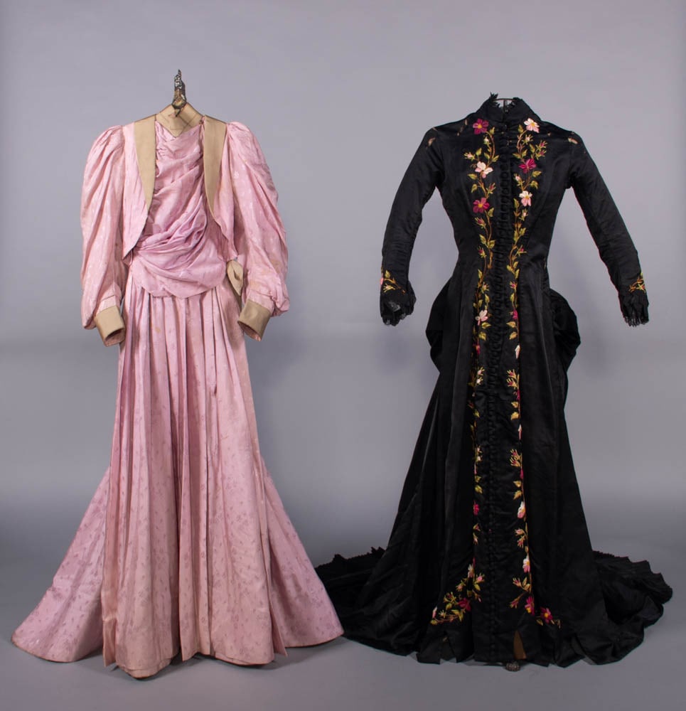 TWO PATTERNED SILK OR EMBROIDERED TEA GOWNS, 1880 & 1889 (1 of 6)
