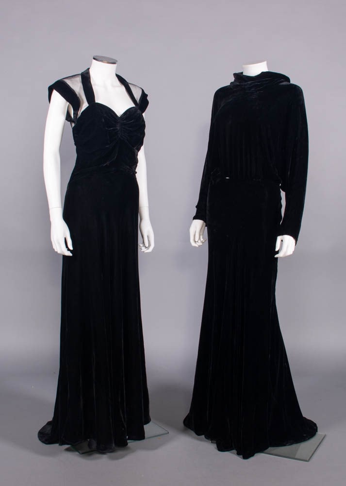 TWO BLACK SILK VELVET EVENING GOWNS, c. 1930 (1 of 7)