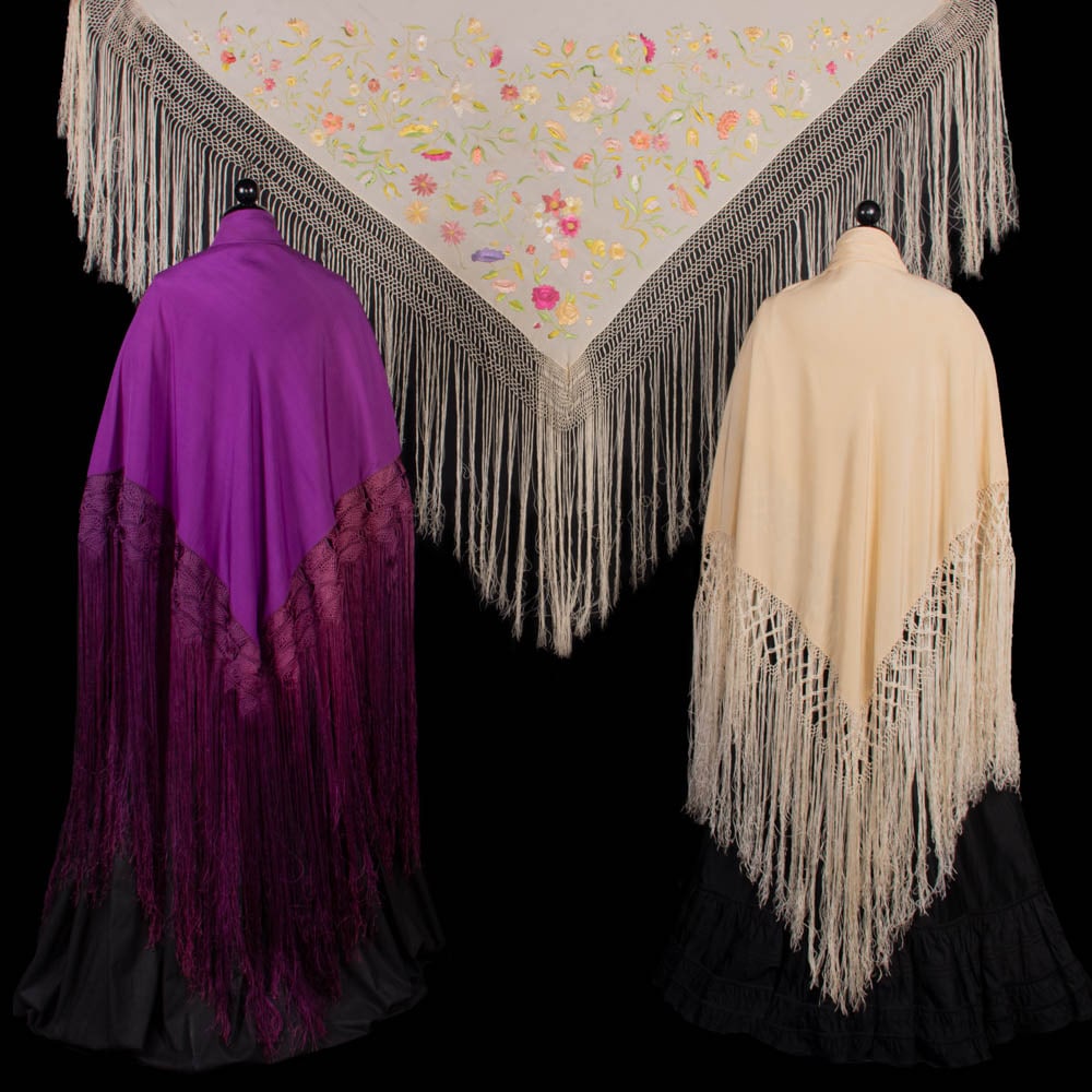 ONE REVERSIBLE HAND EMBROIDERED & TWO PLAIN PIANO SHAWLS, EARLY 20TH C (1 of 10)