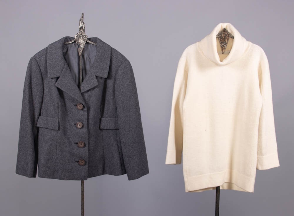 DIOR NEW YORK JACKET & TURTLENECK, 1960s & MODERN: 1 heather wool jacket, label “Christian Dior New York Inc.”, excellent; 1 white lambswool turtleneck, label “Christian Dior Tricots”, good. Measurements & condition report available up