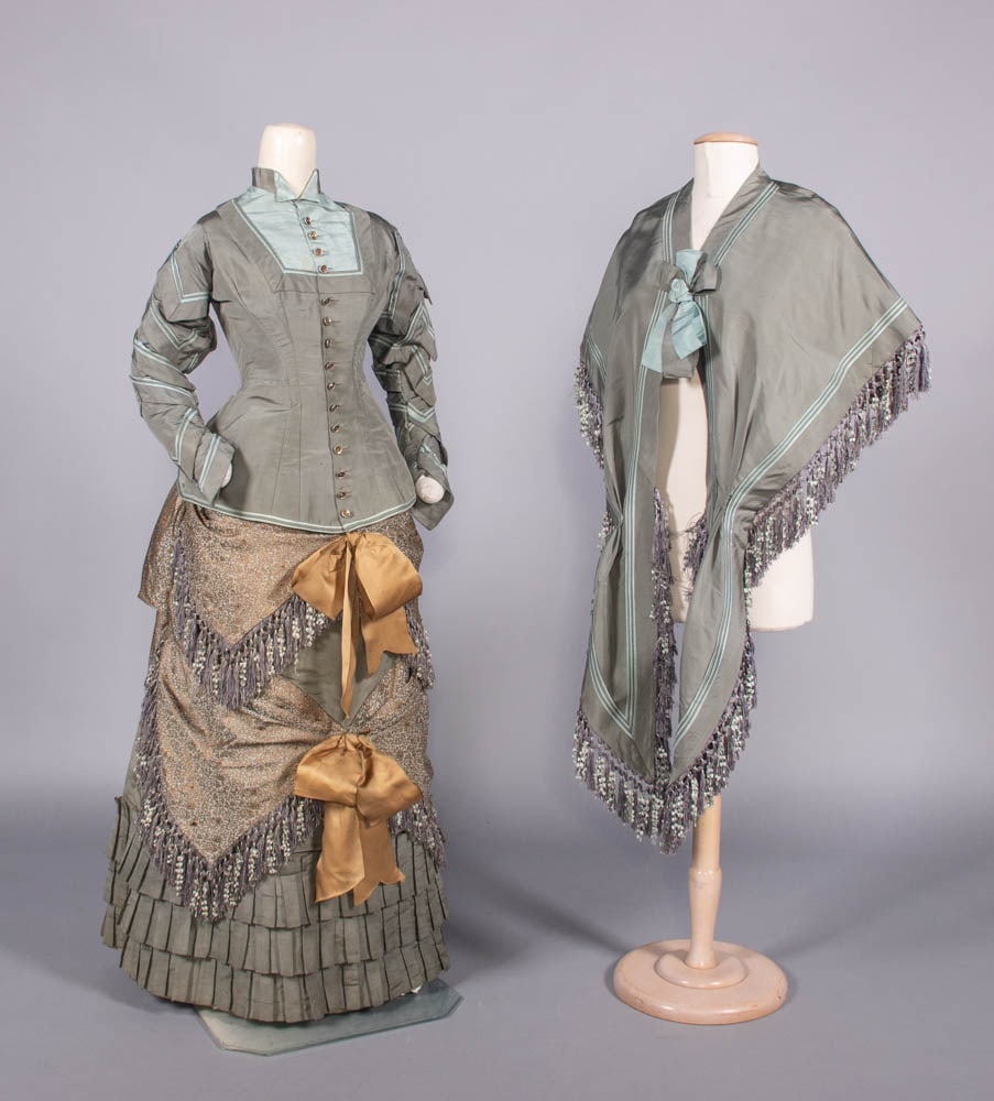 THREE PIECE PATTERNED SILK & FAILLE DAY ENSEMBLE, c. 1879 (1 of 10)