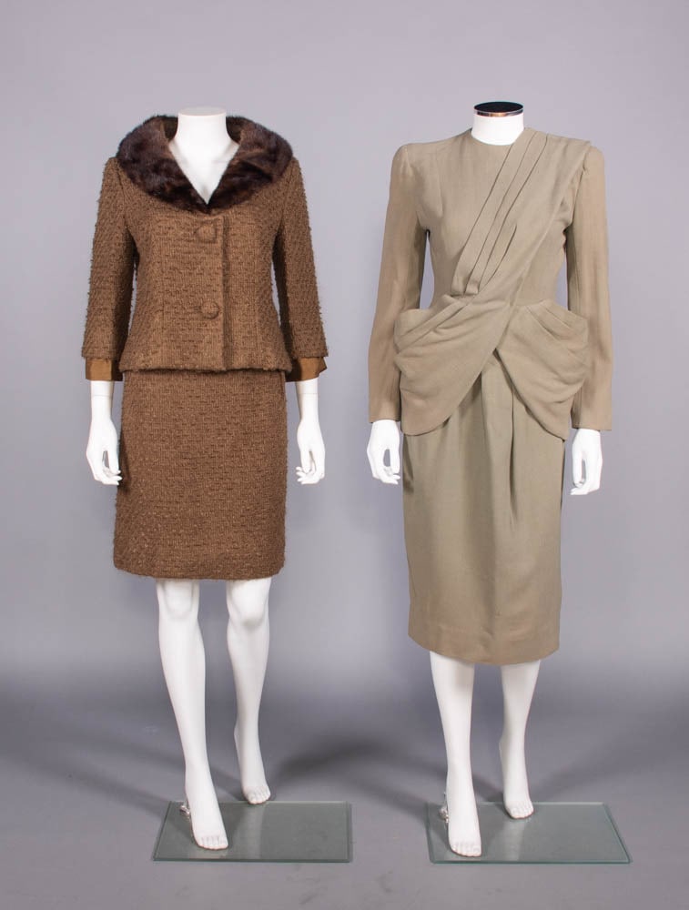 TWO LILLI ANN WOOL SKIRT SUITS, SAN FRANCISCO, LATE 1940s & 1960s: 2-pc Xanadu wool crepe skirt suit c/o jacket w/ pleated asymmetrical cross over front into swagged H over deep pockets, matching straight knee length skirt, label “Lilli Ann California Originals&rdq