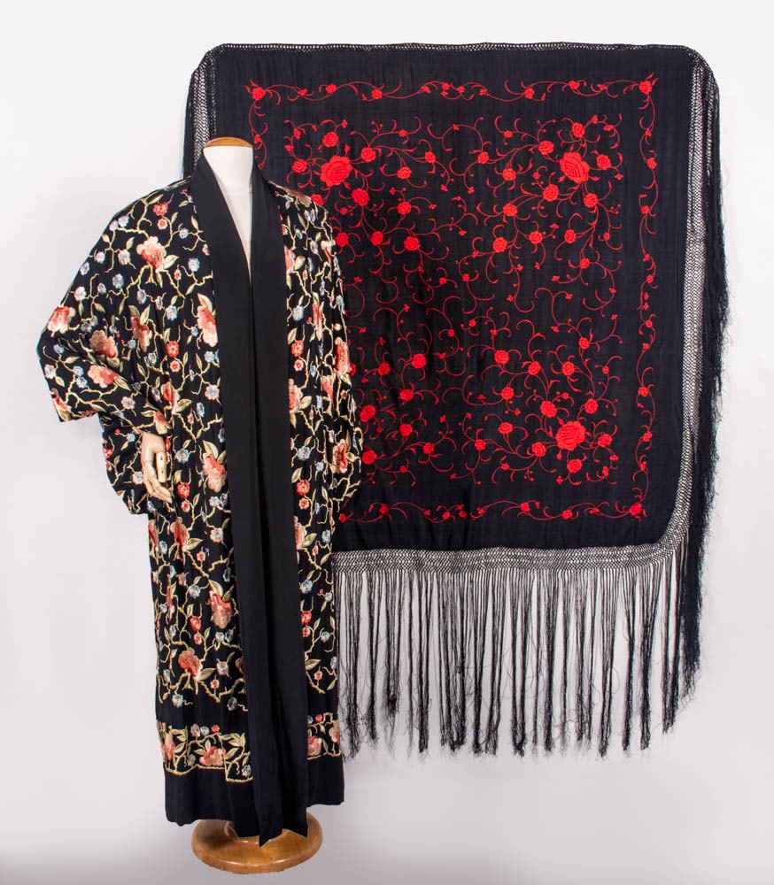 HAND EMBROIDERED SHAWL & EMBROIDERED ROBE, SWITZERLAND, 1880s & c. 1925 (1 of 6)