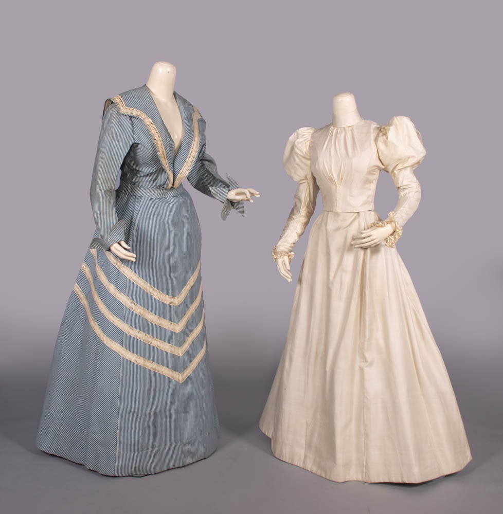 ONE COTTON SUMMER DRESS & ONE SILK DINNER DRESS, 1897-1903: 2-pc blue & white warp striped cotton summer day dress w/ machine embroidered eyelet insertions to shaped revere into CB sailor collar & to skirt, c. 1903, bodice B 38”, L 17”, skirt W 27&