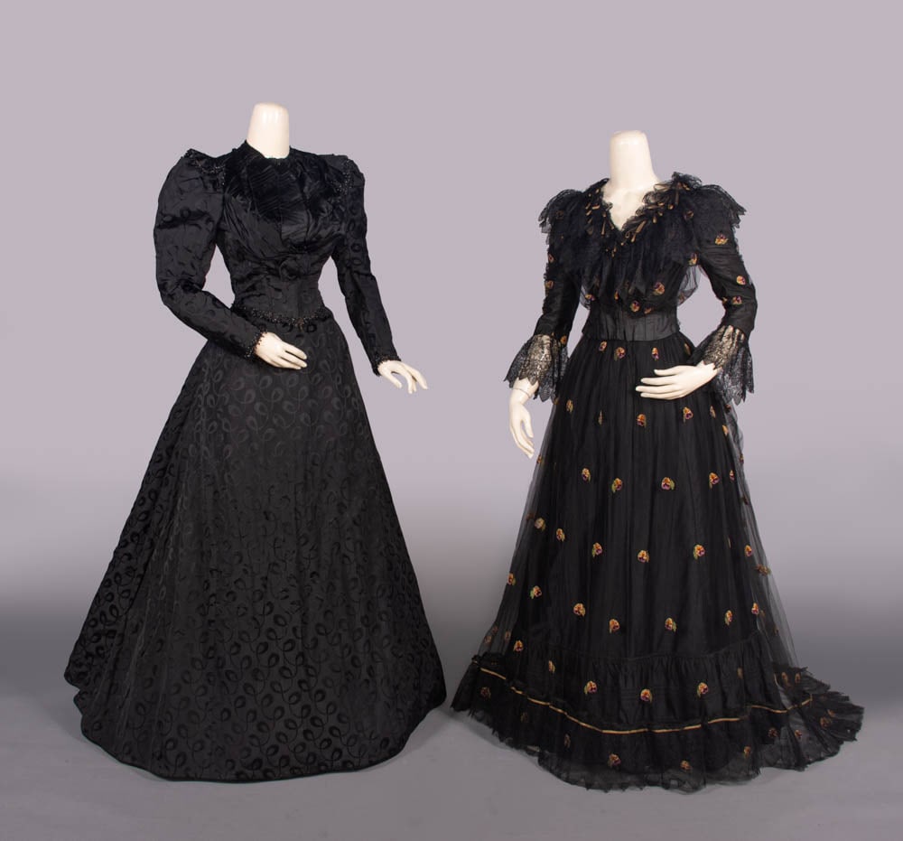 ONE PATTERNED SILK & PANSY APPLIQUE AFTERNOON OR EVENING DRESSES, c. 1900 (1 of 10)