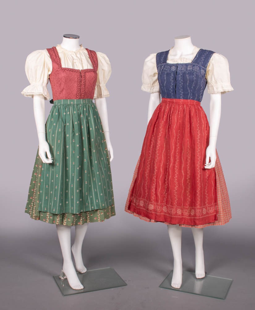 TWO LANZ COTTON & SILK DIRNDLS, SALZBURG, 1950s: 1 dirndl printed blue silk/cotton blend bodice & plaid cotton skirt, label “Original Lanz Salzburg”, B 34”-36”, W 28”, L 43”, (fading & few pulls bodice, 0.25” ho