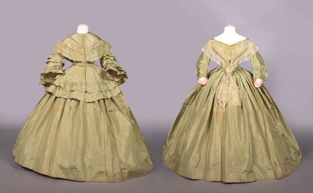SILK TAFFETA GOWN W/ TWO BODICES & ACCESSORIES, c. 1858 (1 of 10)