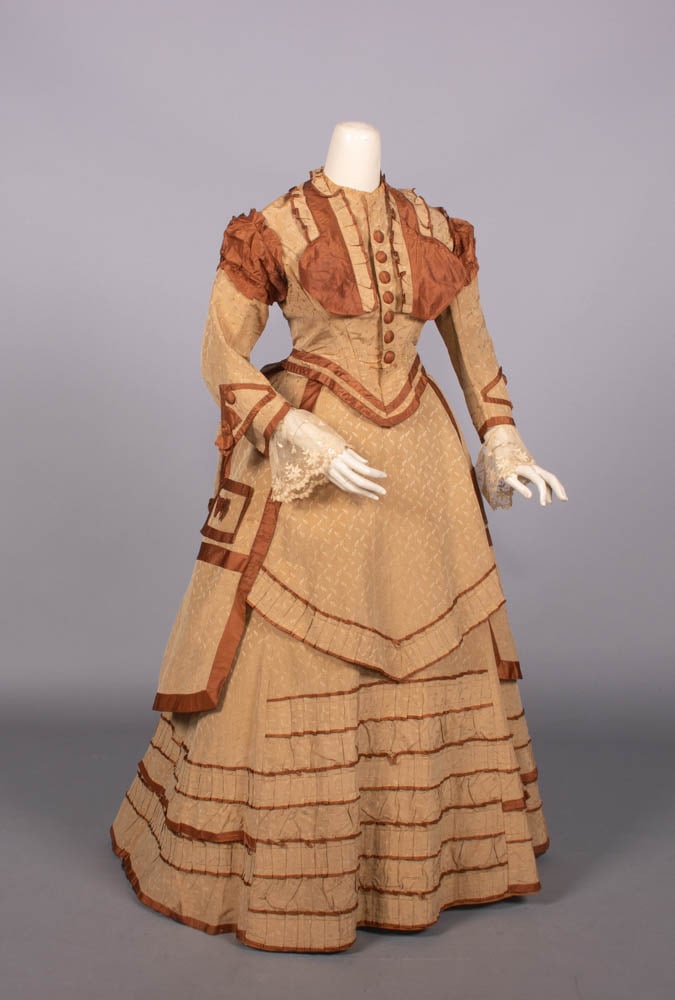 THREE PIECE PATTERNED SILK BLEND DAY DRESS, c. 1870 (1 of 10)