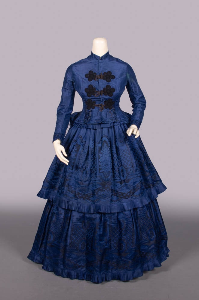 BLUE PATTERNED SILK SECOND DAY DRESS, c. 1881 (1 of 10)