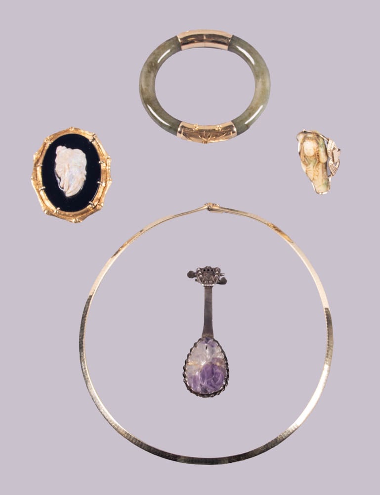 GROUP OF GOLD & STERLING JEWELRY, ITALY: 1 brooch w/ gold tone bamboo motif border & carved opal mans profile, untested, 2”x2.5”x0.5”, (minor wear); 1 fabricated wire ring set w/ carved bone, likely 14k gold, 1” x 1.7