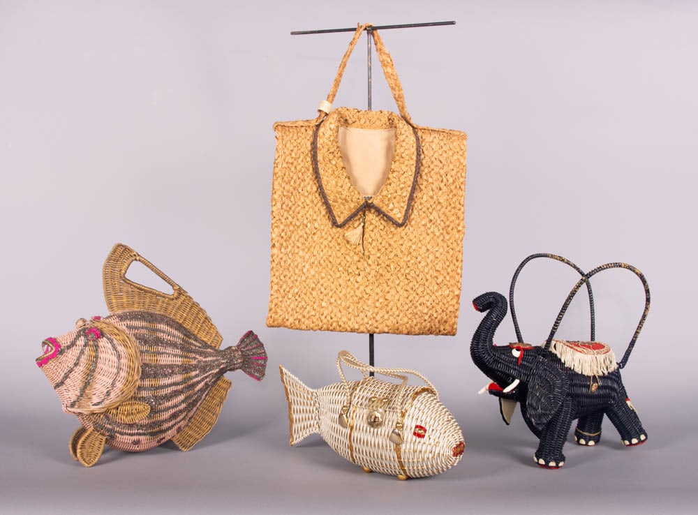 FOUR SCULPTURAL WICKER OR STRAW HANDBAGS, 1954-1965 (1 of 10)