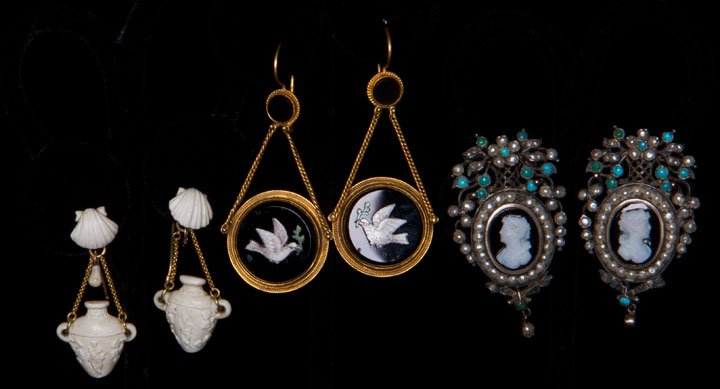 THREE PAIR EARRINGS, 1820-1840: 2 w/ gold wires: 1 pair round jet w/ micro-mosaic doves carrying laurel branch & 1 pair parian w/ classical Greek urns, (1 tiny drop missing); 1 pair silver w/ carved stone cameos & seed pearls, conve