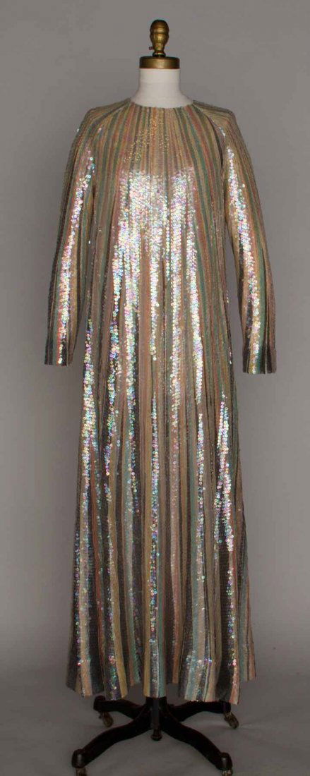HALSTON SEQUIN EVENING GOWN, c. 1980: Grey & pastel radiating stripes from neckline covered in irridescent sequins, labeled (1 tiny front stain) very good; t/w 1 black evening dress & 2 dinner suits: 1 Bill Blass & 1 Adele Simpson, very g