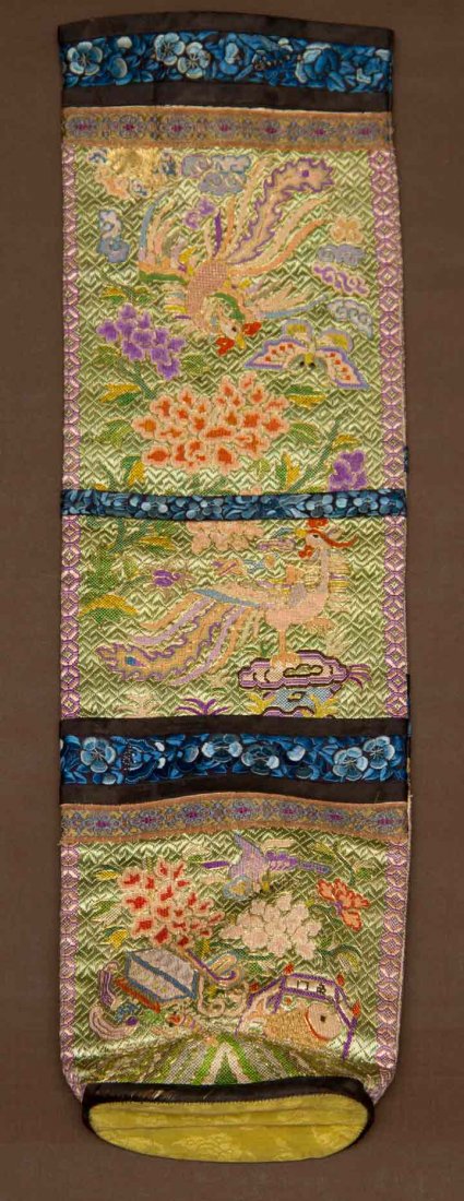 GOLD & SILK EMBROIDERED BAG, 19TH C: Long beautifully embroidered bag, green oval silk base, 3 horizontal sections w/ bats, fish, symbols, flowers, fruits & birds worked in polychrome silks, pale peach embroidered ground on 1 side, grass