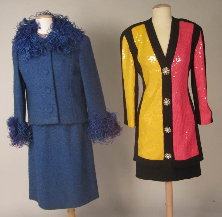 TWO EUROPEAN DESIGNER OUTFITS, 1960-1985: 1 Pierre Balmain colorblock & sequin evening jacket & black skirt; 1 Bob Bugnand gold lame & blue wool boucle party dress & matching feather trimmed jacket, excellent; t/w 1 1980s Pauline Trigere desi