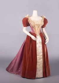 VELVET, DAMASK & EMBROIDERED SILK EVENING GOWN, LATE 1880s