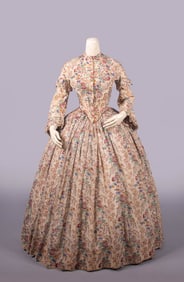 TWO PIECE PRINTED WOOL CHALLIS DAY DRESS, c. 1845