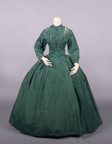 PATTERNED SILK DAY DRESS, c. 1865