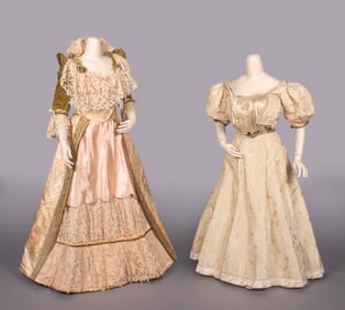 TWO LABELED PATTERNED SILK EVENING GOWNS, NEW YORK, MID-LATE 1890s
