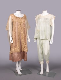 BOBBIN LACE EVENING DRESS & SILK CREPE PAJAMAS, 1925-1929