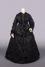 MOIRE PATTERNED SILK  MOURNING GOWN, c. 1875