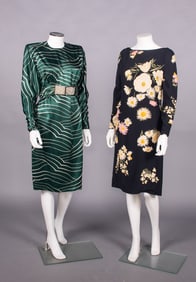 TWO GALANOS PRINTED SILK DRESSES, USA, 1980s