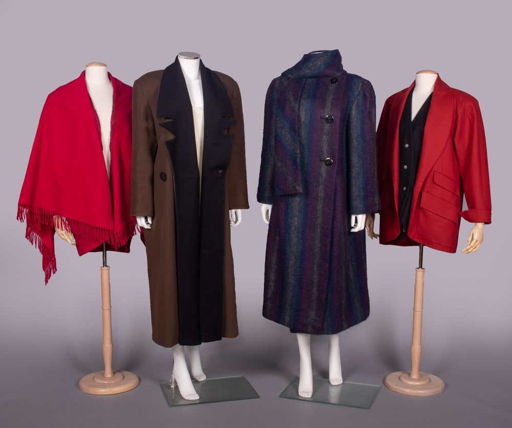 FOUR WOOL, CASHMERE OR MOHAIR DESIGNER COATS, USA, 1980-1990s: 1 magenta brushed cashmere & wool blend w/ fringed & integrated cape, lined w/ resist printed cotton twill, 1980s, label “Byblos”, SH-SH 24”, L 28”, (light wear, 0.5” opening