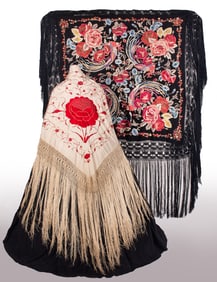 TWO HAND EMBROIDERED MANTON DE MANILLA SHAWLS, 1890-1900