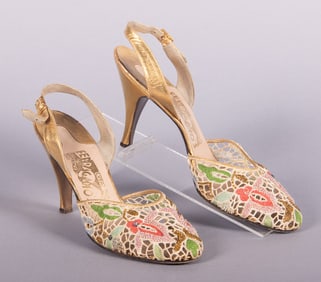 FERRAGAMO MADONNA EMBROIDERED PUMPS, ITALY, 1956