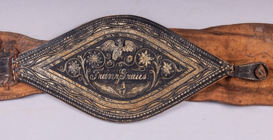 QUILL EMBROIDERED LEATHER BELT, MID 19TH C